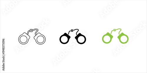 Minimal outline icon set. of handcuffs symbolizing law enforcement, arrest, crime control, justice system, and legal authority concepts.