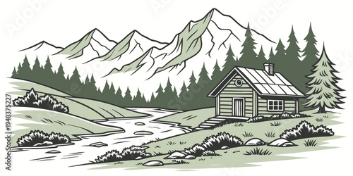 a small house in a mountainous landscape Vector