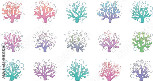 Vector set of colorful coral reef illustrations with pastel gradients and underwater bubbles for marine biology education, ocean conservation and summer tropical decorative design.