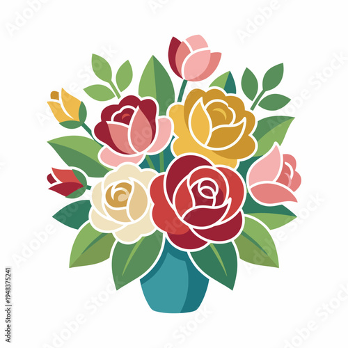 A colorful bouquet of roses and greenery arranged in a blue vase, showcasing vibrant shades and artistic design, perfect for celebrating beauty and freshness in life.