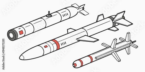 a drawing of three missile systems with red markings Vector