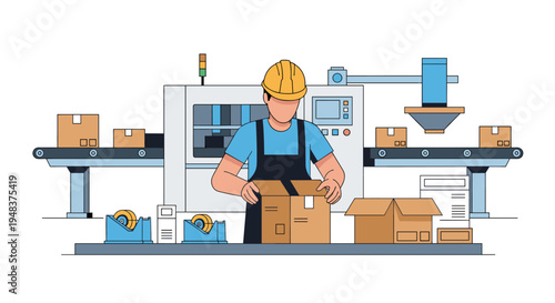 A factory worker packs a cardboard box at a workstation with machinery.