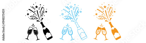 Celebratory champagne bottles and glasses with fireworks