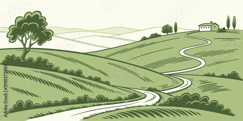 a green landscape with a winding path and trees Vector