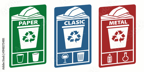 recycling bins for paper, classic, and metal Vector