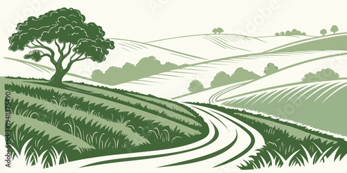 a green landscape with a tree and a winding road Vector