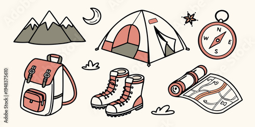a collection of hiking gear and accessories for outdoor adventure Vector