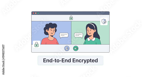 A digital screen shows two women in an end-to-end encrypted video call with speech bubbles and security icons on a white background.
