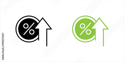 Outline icon set.. of percentage symbol inside coin with upward arrow, representing discount rate changes, price increase, financial adjustment, and market pricing concepts.