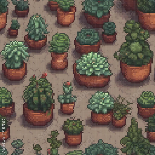 A pixel art image showcases various potted plants, with some having unique features like red flowers.