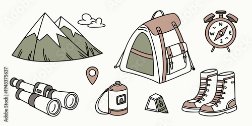 a set of camping and hiking icons and accessories Vector