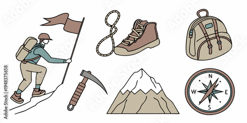 a set of climbing and hiking icons with various equipment Vector