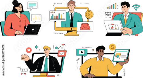A vibrant illustration depicting business professionals engaged in online meetings and analyzing data on laptops and tablets in an office setting