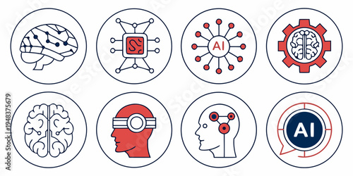Eight circular icons representing artificial intelligence concepts Vector