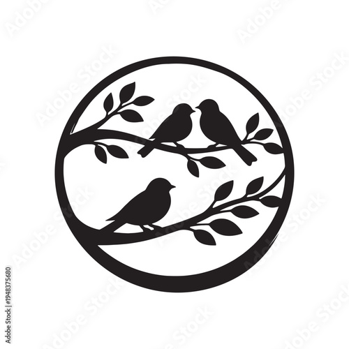 three birds sitting on a tree branch in a circle