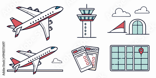 air travel icons including airplanes and airport elements Vector
