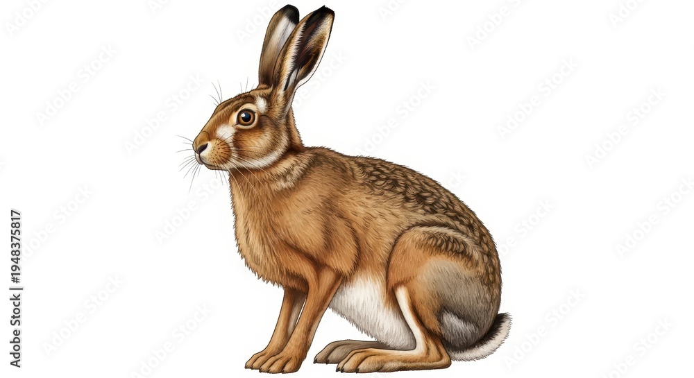 Obraz premium A detailed illustration of a brown hare sitting in profile against a plain white background area