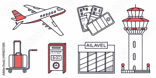 airport icons including plane and luggage Vector