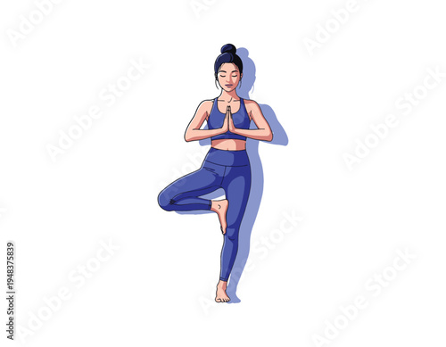 Woman performing yoga tree pose, a balanced and tranquil practice for mindfulness and physical well-being, captured in a vibrant vector illustration style for wellness promotion