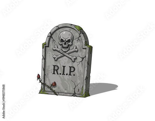A stone tombstone with a skull and crossbones symbol and the inscription RIP, with a single red rose placed on it, symbolizing death and remembrance