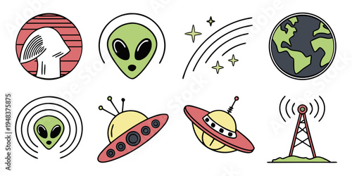 a collection of cartoon space icons including aliens and a satellite dish Vector