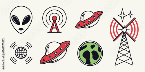 a set of alien and ufo related icons Vector
