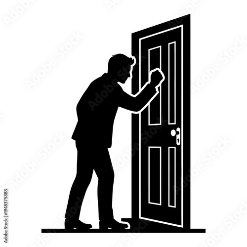 Silhouette of a businessman knocking on a door representing new opportunities, career growth, and professional outreach.