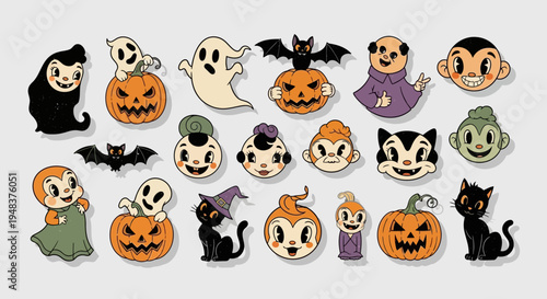Halloween icons with cartoon characters and pumpkins.