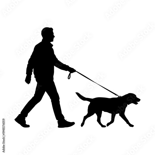 Black silhouette of a man walking his dog on a leash, representing pet ownership, companionship, and a healthy active lifestyle.