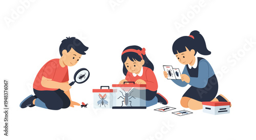 Three children are happily engaged in an entomology lesson, observing insects with magnifying glasses, in habitats, and identifying them with flashcards.