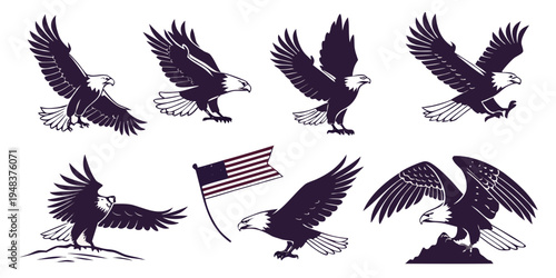 a group of american bald eagles in various poses Vector