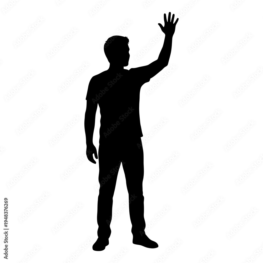 Fototapeta premium Black silhouette of a man standing and waving his hand as a friendly greeting or farewell gesture on a white background