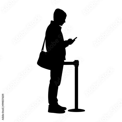 Silhouette of a man waiting in line while using his smartphone, representing modern travel, patience, and digital connectivity in public spaces.