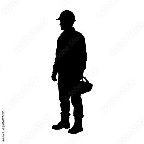 Black silhouette of a professional construction worker or engineer wearing a hard hat and carrying a tool bag for industrial labor and building site concepts.