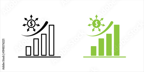 Minimal icon set. showing bar chart with upward trend and dollar symbol, representing financial growth, business success, investment performance, and economic progress.