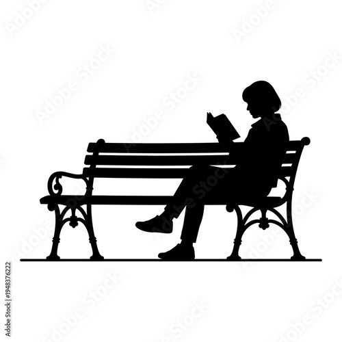 Black silhouette of a woman sitting on a park bench reading a book, representing leisure, education, and peaceful solitude in a minimalist graphic style.