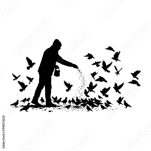 Black silhouette of a man feeding a flock of pigeons, illustrating urban wildlife interaction, kindness, and animal care.