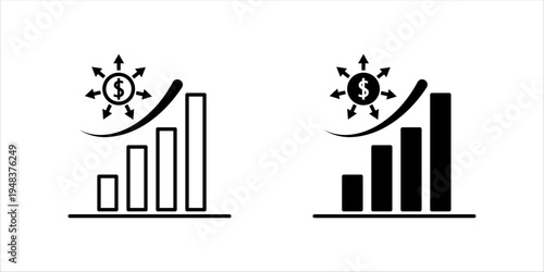 Minimal icon set. showing bar chart with upward trend and dollar symbol, representing financial growth, business success, investment performance, and economic progress.