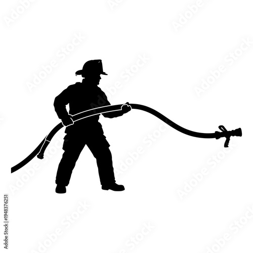 Black silhouette of a brave firefighter holding a fire hose nozzle for emergency services, fire safety, and heroic rescue operations.