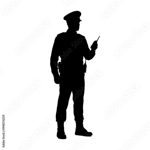 Black silhouette of a security guard or police officer in uniform holding a walkie-talkie for professional surveillance, law enforcement, and public safety.