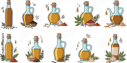 Vector set of glass olive oil bottles with cork stoppers featuring fresh herbs, garlic, spices and dripping oil drops for Mediterranean cooking and organic food product design.