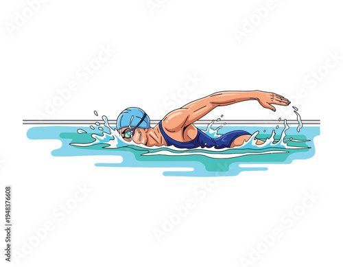 Illustration of a professional swimmer in a pool performing a freestyle stroke, showcasing determination and athletic prowess in competitive swimming