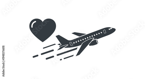 Simple dark vector graphic illustration depicting an airplane taking off towards a stylized heart symbol