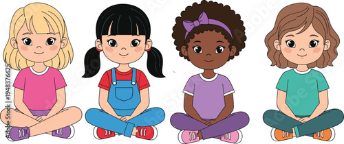 Cartoon set of diverse little girls from different ethnicities sitting together on the floor for friendship and early childhood education