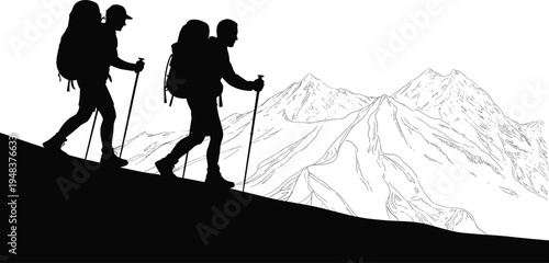 Silhouette of two hikers with backpacks and trekking poles climbing a mountain slope with detailed rocky peaks in the background isolated on white vector illustration for outdoor