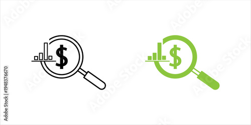 Outline icon set.  showing magnifying glass inspecting dollar symbol and bar chart, representing financial research, investment analysis, profit evaluation, and business data review.
