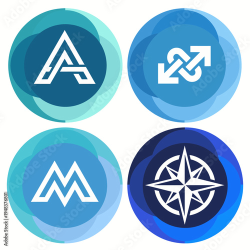 This collection showcases four geometric logo designs in various shades of blue, each conveying a sense of modernity and creativity for branding or design purposes.