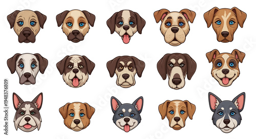 Collection of cute dog faces illustrations.