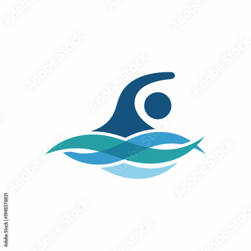 This image showcases a modern swimming icon with a dynamic swimmer silhouette above stylized waves in vibrant colors, capturing the essence of aquatic activities and fitness.