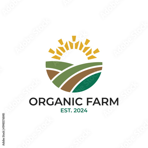 A beautiful organic farm logo representing the sun rising over green fields, reflecting the concepts of nature, sustainability, and agricultural prosperity in a clean, modern design.